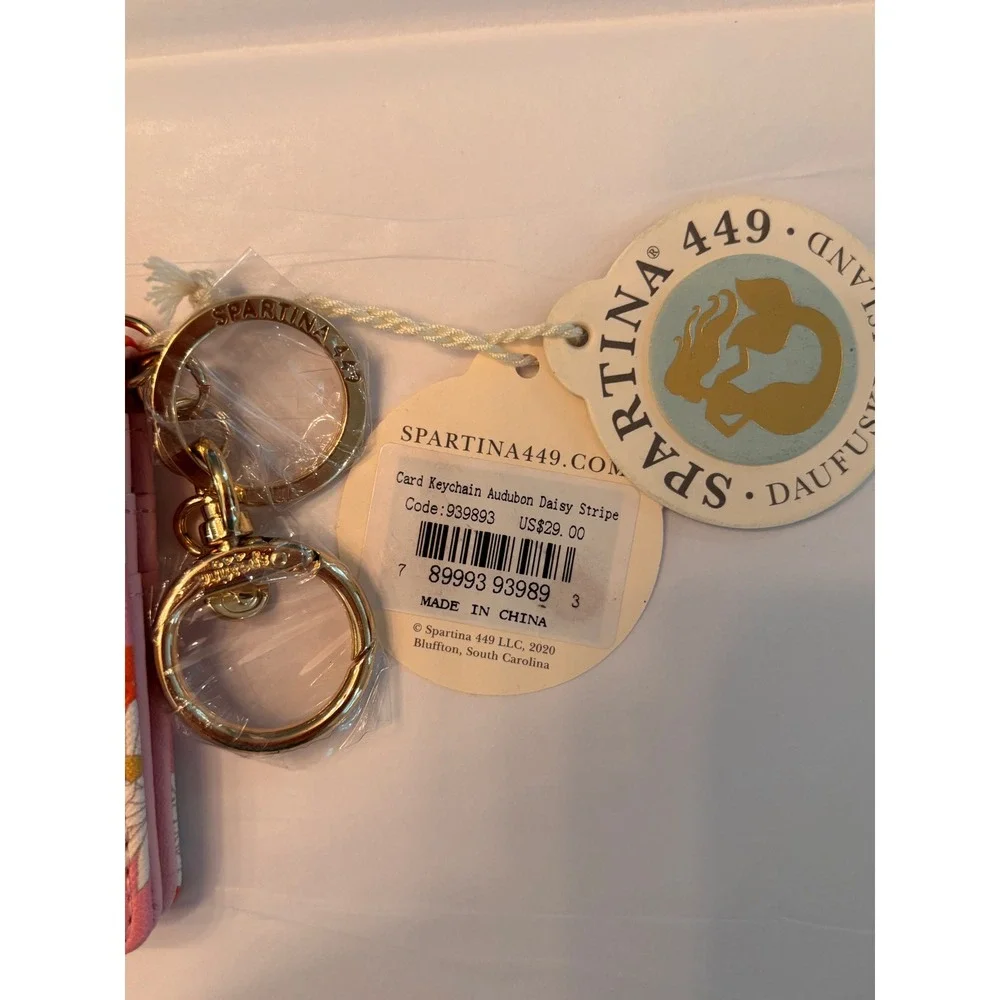 NWT Spartina 449 Audubon Daisy Stripe Card Holder Keychain Wallet Pink MSRP $29